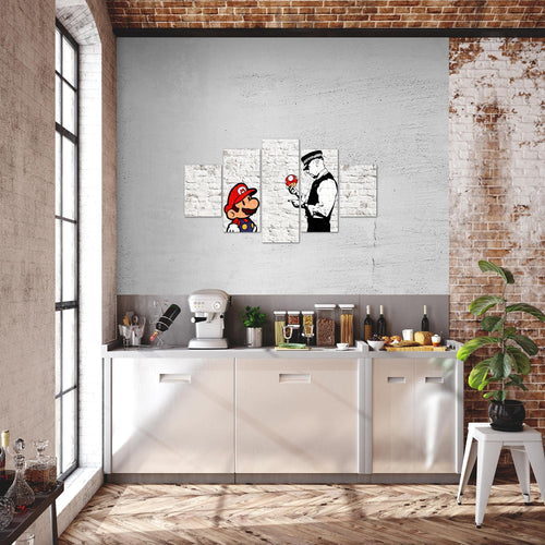 Runa Art Wandbilder Mario and Cop Banksy 5 Teilig Bild auf Vlies Leinwand Deko Jugendzimmer Wohnzimmer Street Art Weiss Bunt 006552a