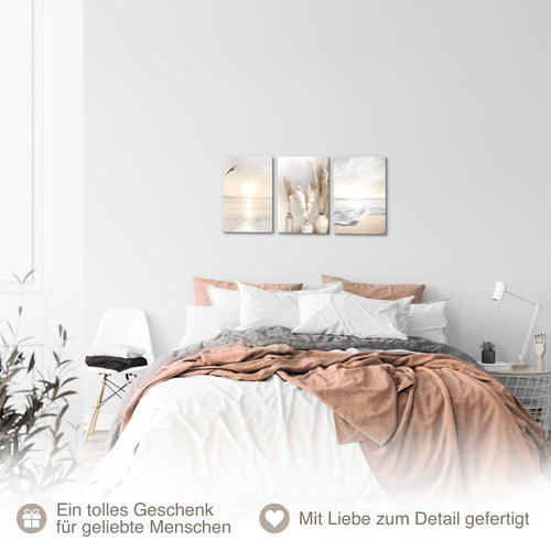 Novart Quadros Spiaggia Mare Boho - Completamente Pronto Da Appendere - Soggiorno Camera da letto Corridoio Decorazione Elegante - Set 3 Pezzi Beige - N029430a