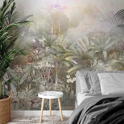 Novart Fototapete Dschungel 396 x 280 cm Wandtapete Blätter Blumen Grün Grau Wohnzimmer Schlafzimmer - N9123012a