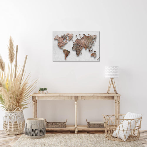 Runa Art Bild Weltkarte 3D Effekt Modern Wandbilder Wohnzimmer Büro 1 Teilig - Made In Germany - Kontinente Grau Braun Flur 107715c