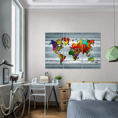 Runa Art Wandbilder Weltkarte Bild XXL Büro Wohnzimmer Bunt Kontinente Holz 120 x 80 cm 3 Teilig 105431b