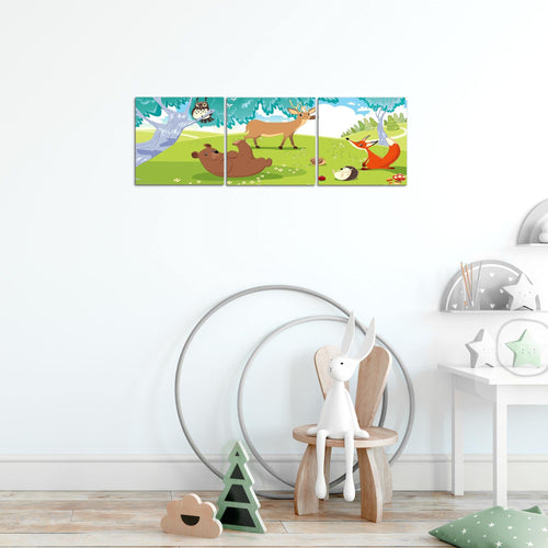 Runa Art Bilder Waldtiere 3 Teilig Bild auf Vlies Leinwand Deko Spielzimmer Baby 90 x 30 cm Kinderzimmer Junge Mädchen 001834c