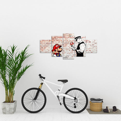 Runa Art Wandbilder Mario and Cop Banksy 5 Teilig Bild auf Vlies Leinwand Deko Jugendzimmer Wohnzimmer Street Art Braun Bunt 006552b
