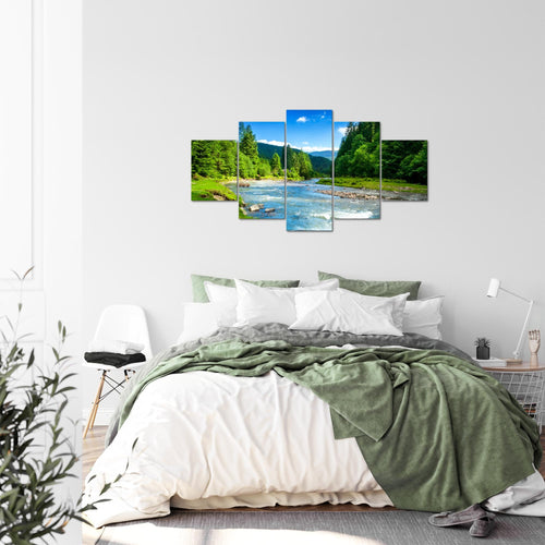 Runa Art Bild Wohnzimmer Schlafzimmer Wald Fluss 5 Teilig Natur Grün Blau Wandbilder auf Vlies Leinwand 049853a