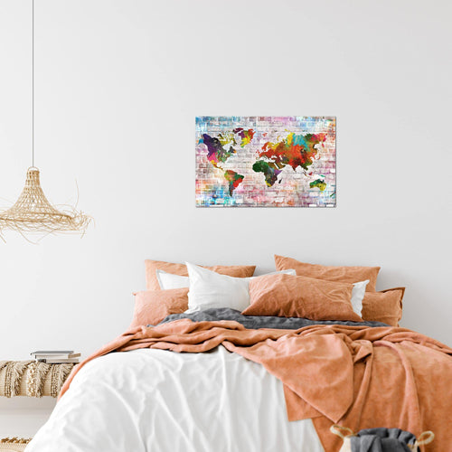 Runa Art Bild Weltkarte Modern Wandbilder Wohnzimmer Büro 1 Teilig - Made In Germany - Steinoptik Ziegel Bunt Flur 106915a