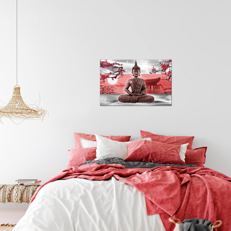 Runa Art Bild Buddha Feng Shui Modern Wandbilder Wohnzimmer Schlafzimmer 1 Teilig - Made In Germany - Sakura Grau Rot Flur 504915a