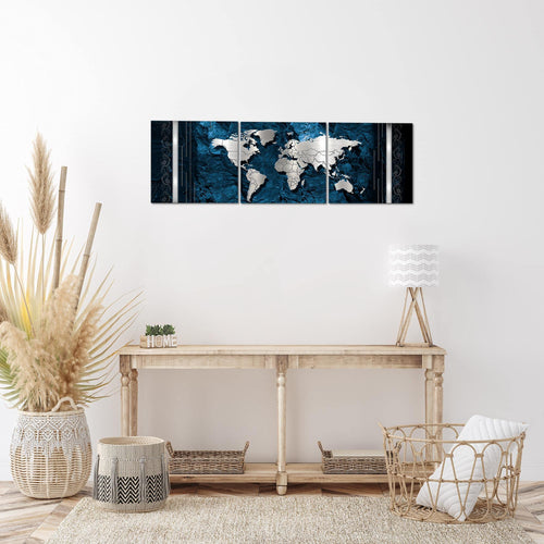 Runa Art - Bilder Weltkarte 120 x 40 cm 3 Teilig Wandbild auf Vlies Leinwand Blau Mehrteilig Modern 107333b