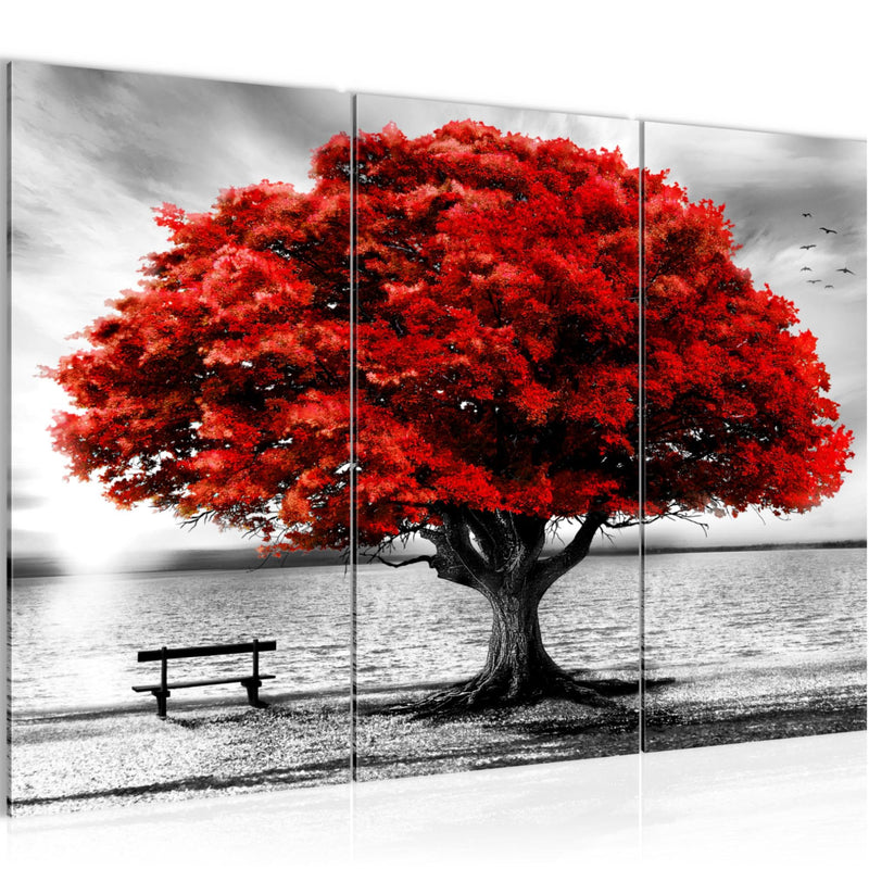 Runa Art Wandbilder Strand Sonnenuntergang Bild XXL Wohnzimmer Schlafzimmer Grau Rot Strand Baum 120 x 80 cm 3 Teilig 050631a