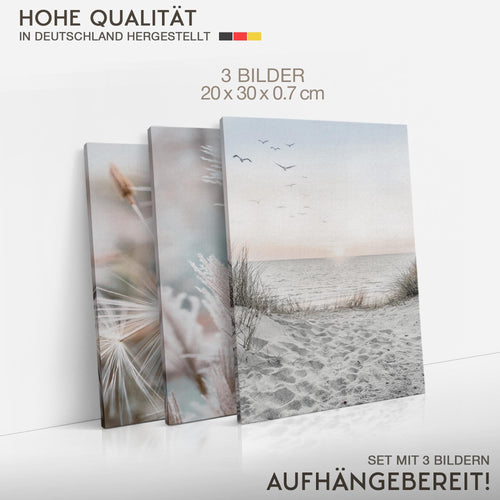 Novart Quadros Spiaggia Mare Boho - Completamente Pronto Da Appendere - Soggiorno Camera da letto Corridoio Decorazione Elegante - Set 3 Pezzi Blu Beige - N033830a