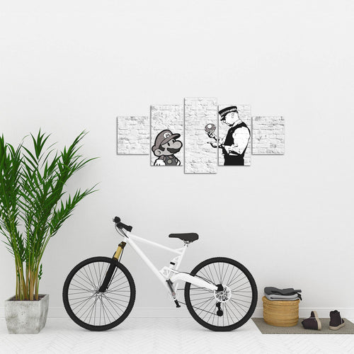 Runa Art Wandbilder Mario and Cop Banksy 5 Teilig Bild auf Vlies Leinwand Deko Jugendzimmer Wohnzimmer Art Schwarz Weiss 006552c