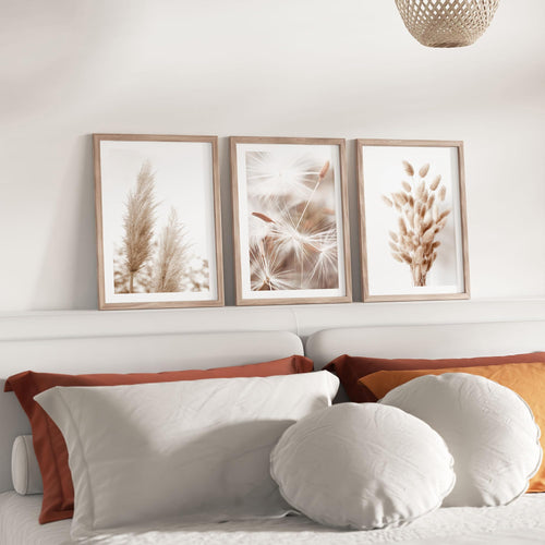 Novart Wandbilder Set mit Rahmen - Boho Pampas- KOMPLETT AUFHÄNGFERTIG - Wohnzimmer Schlafzimmer Flur Deko - 3 Moderne Bilder Beige - N008935aR1