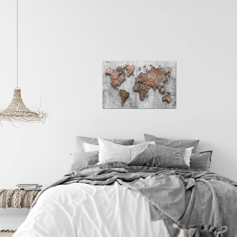 Runa Art Bild Weltkarte 3D Effekt Modern Wandbilder Wohnzimmer Büro 1 Teilig - Made In Germany - Kontinente Stein Grau Flur 107715a