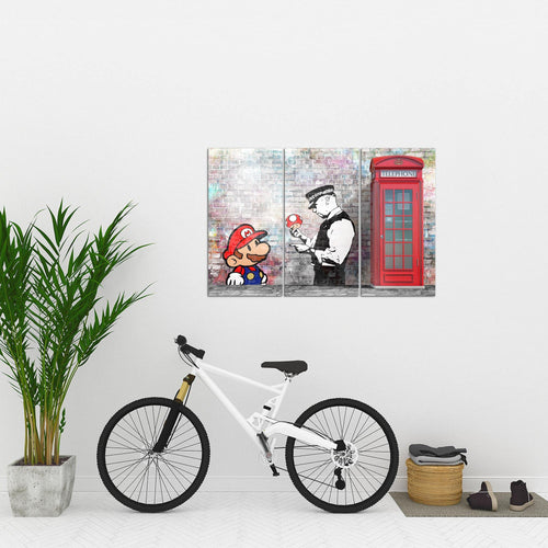 Runa Art Wandbilder Super Mario And Cop Bild XXL Jugendzimmer Wohnzimmer Grau Bunt Graffiti 120 x 80 cm 3 Teilig 032931b