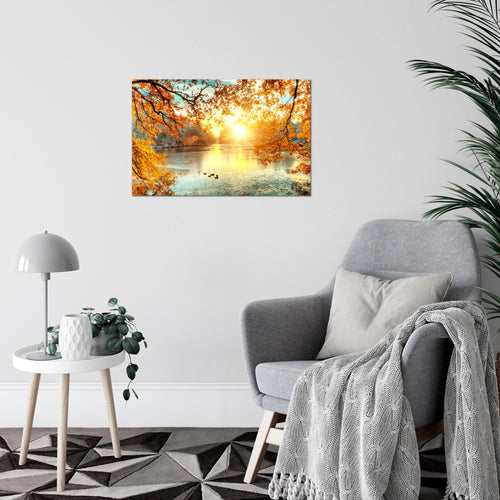 Runa Art Bild Sonniger Wald Modern Wandbilder Wohnzimmer Schlafzimmer 1 Teilig - Made In Germany - Wald Natur Orange Gelb Flur 050015a