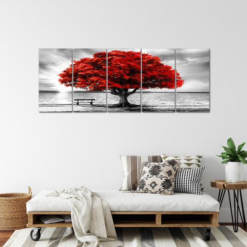 Runa Art Wandbilder XXL Strand Sonnenuntergang Wohnzimmer Schlafzimmer 200 x 80 cm Grau Rot 5 Teilig - Made in Germany - 050655a