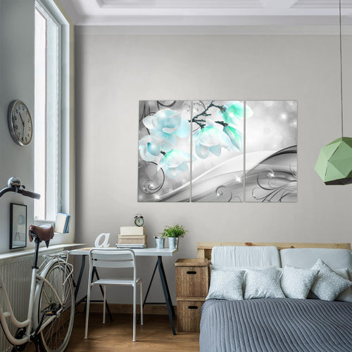 Runa Art Wandbilder Blumen Abstrakt Bild XXL Wohnzimmer Schlafzimmer Grau Türkis Diamant 120 x 80 cm 3 Teilig 035331c