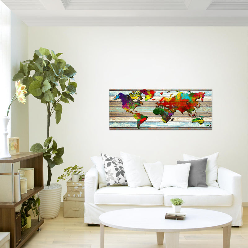 Runa Art Wandbild Weltkarte 1 Teilig 100 x 40 cm Modern Bild auf Vlies Leinwand Vintage Holz Büro Wohnzimmer Bunt 105412a