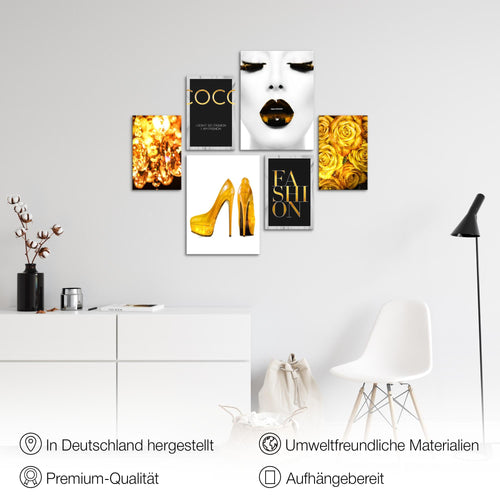 Novart Wandbilder Set Fashion Schwarz Weiss - KEIN EXTRA RAHMEN BENÖTIGT -  Modern Deko  - Wohnzimmer Mädchen Teenager N002263b