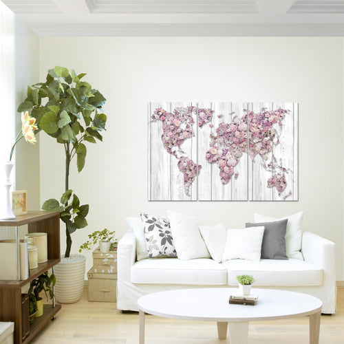 Runa Art Wandbilder Weltkarte Blumen Bild XXL Wohnzimmer Schlafzimmer Beige Braun Holzwand 120 x 80 cm 3 Teilig 023231c