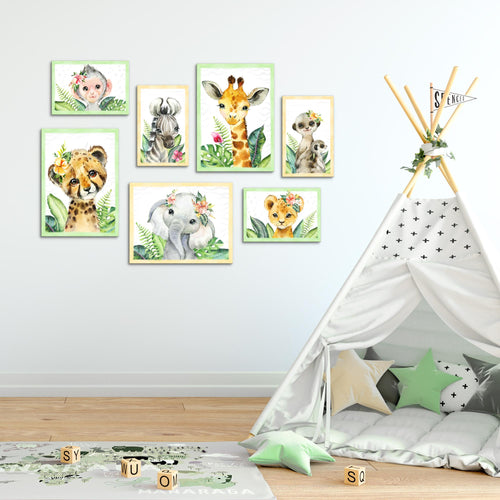 Novart Wandbilder Tiere Afrika - KOMPLETT AUFHÄNGFERTIG - Grau Kinderzimmer Mädchen Junge - 7 Moderne Mood-Bilder - N017371b