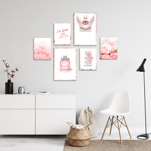 Novart Wandbilder Set Fashion Rosa - KEIN EXTRA RAHMEN BENÖTIGT -  Modern Deko  - Wohnzimmer Mädchen Teenager N015863a