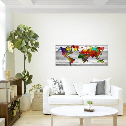 Runa Art Wandbild Weltkarte 1 Teilig 100 x 40 cm Modern Bild auf Vlies Leinwand Vintage Holz Büro Wohnzimmer Bunt 105412a