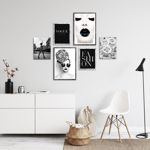 Novart Wandbilder Set Fashion Schwarz Weiss - KEIN EXTRA RAHMEN BENÖTIGT -  Modern Deko  - Wohnzimmer Mädchen Teenager N015563a