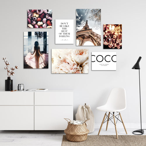 Novart Wandbilder Fashion Paris - KOMPLETT AUFHÄNGFERTIG - Coco Wohnzimmer Mädchen Teenager - 7 Moderne Mood-Bilder - N008271a