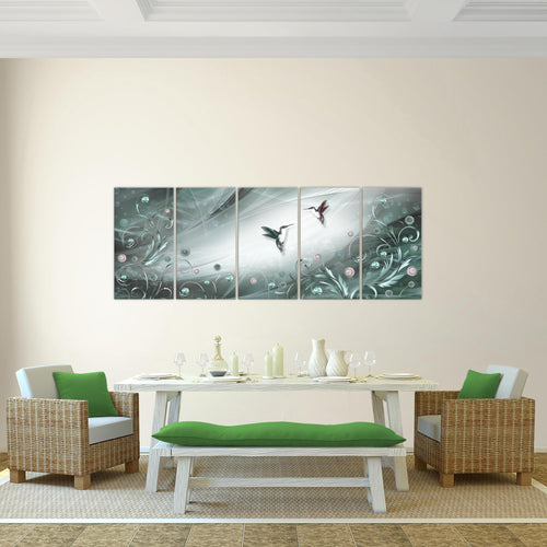 Runa Art Wandbild Vintage Vogel 1 Teilig 100 x 40 cm Modern Bild auf Vlies Leinwand Abstrakt Wohnzimmer Schlafzimmer Türkis Grau 038312b