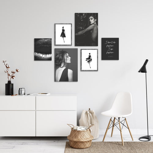 Novart Wandbilder Set Fashion Schwarz Weiss - KEIN EXTRA RAHMEN BENÖTIGT -  Modern Deko  - Wohnzimmer Mädchen Teenager N000863a