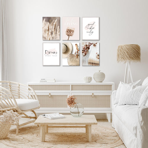 Novart Wandbilder - KEIN EXTRA RAHMEN BENÖTIGT - Wohnzimmer Schlafzimmer - Bilder Modern Boho Pampasgras - Beige Rosa - N006665a