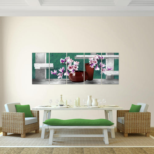 Runa Art Wandbild XXL Blumen Abstrakt Wohnzimmer Schlafzimmer 200 x 80 cm Grau Rot 5 Teilig - Made in Germany - 035255a