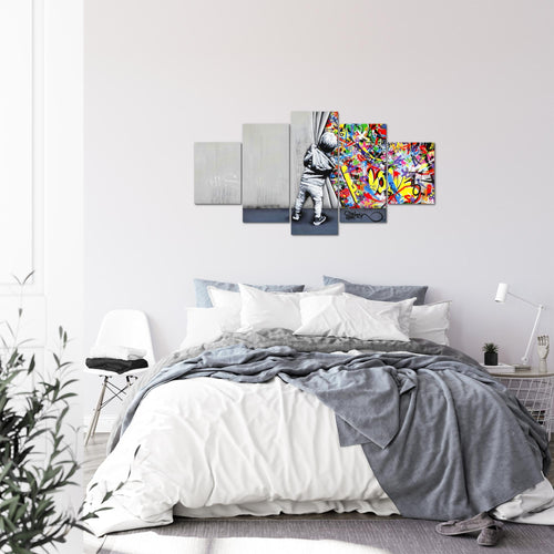 Runa Art - Bilder Junge hinter dem Vorhang 200 x 100 cm 5 Teilig XXL Wanddekoration Design Bunt 043551a