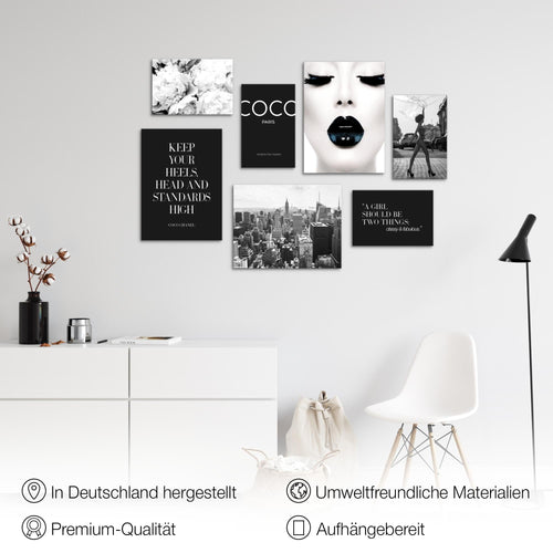Novart Wandbilder Coco - KOMPLETT AUFHÄNGFERTIG - Schwarz Weiss Wohnzimmer Mädchen Teenager - 7 Moderne Mood-Bilder - N016371b