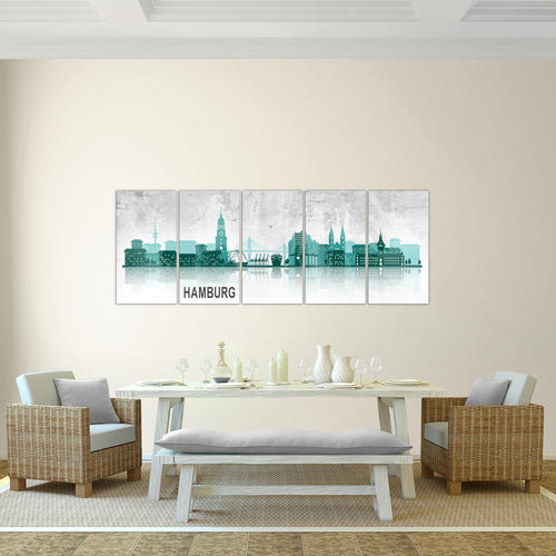 Runa Art Wandbild Hamburg 1 Teilig 100 x 40 cm Modern Bild auf Vlies Leinwand Abstrakt Wohnzimmer Schlafzimmer Türkis Grau 035912b
