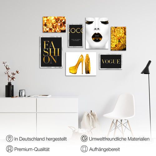 Novart Wandbilder Fashion - KOMPLETT AUFHÄNGFERTIG - Schwarz Weiss Violett Wohnzimmer Mädchen Teenager - 7 Moderne Mood-Bilder - N002271c