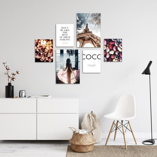 Novart Wandbilder Set Fashion Paris Coco - KEIN EXTRA RAHMEN BENÖTIGT -  Modern Deko  - Wohnzimmer Mädchen Teenager N008263a