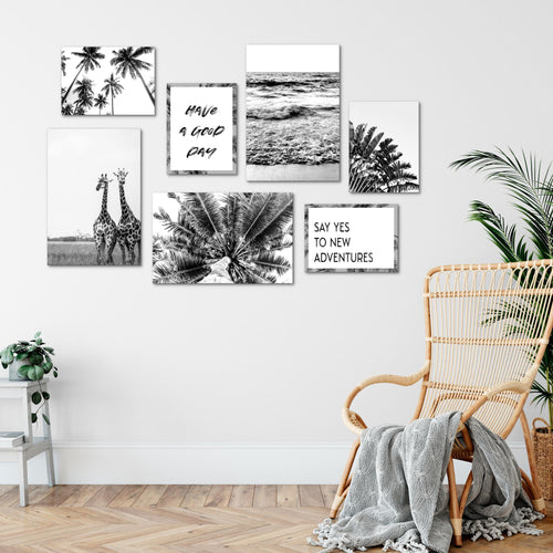 Novart Wandbilder Afrika Giraffen - KOMPLETT AUFHÄNGFERTIG - Palmen Wohnzimmer Schlafzimmer - 7 Moderne Mood-Bilder - N014371a