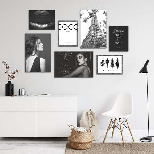 Novart Wandbilder Fashion - KOMPLETT AUFHÄNGFERTIG - Schwarz Weiss Wohnzimmer Mädchen Teenager - 7 Moderne Mood-Bilder - N000871a