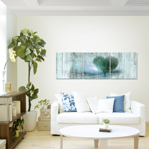 Runa Art Bilder Herbst Vintage 3 Teilig Bild auf Vlies Leinwand Deko Wohnzimmer Schlafzimmer 90 x 30 cm Baum Herz Türkis 606534b