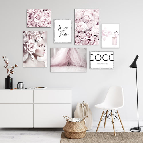 Novart Wandbilder Coco Fashion - KOMPLETT AUFHÄNGFERTIG - Grau Rosa Wohnzimmer Mädchen Teenager - 7 Moderne Mood-Bilder - N000771a