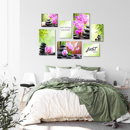 Novart Wandbilder Feng Shui Zen Stein - KOMPLETT AUFHÄNGFERTIG - Grün Lila Wohnzimmer Schlafzimmer - 7 Moderne Mood-Bilder - N003471a