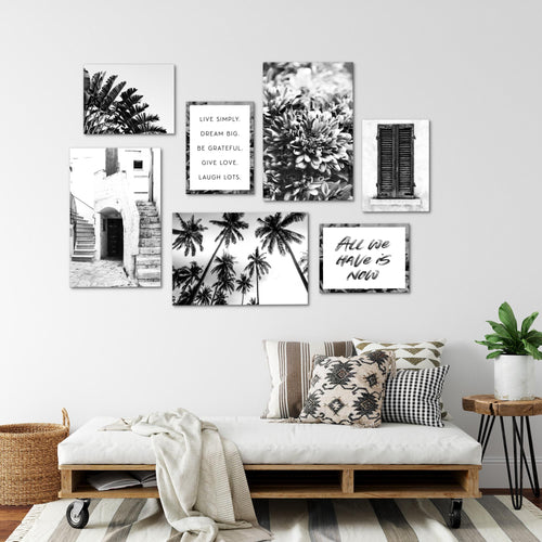 Novart Wandbilder Alte Stadt Palmen - KOMPLETT AUFHÄNGFERTIG - Schwarz Weiss Wohnzimmer Schlafzimmer - 7 Moderne Mood-Bilder - N015071a