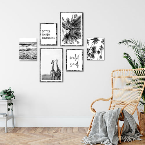 Novart Wandbilder Set Giraffen Palmen Schwarz Weiss - KEIN EXTRA RAHMEN BENÖTIGT -  Modern Deko  - Wohnzimmer Schlafzimmer N014363a