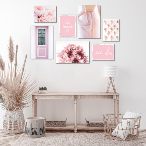 Novart Wandbilder Fashion - KOMPLETT AUFHÄNGFERTIG - Rosa Wohnzimmer Mädchen Teenager - 7 Moderne Mood-Bilder - N020471a