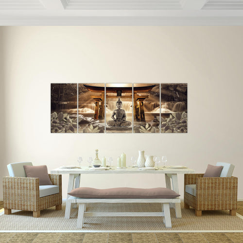 Runa Art Wandbild XXL Feng Shui Buddha Wohnzimmer Schlafzimmer 200 x 80 cm Grün Braun 5 Teilig - Made in Germany - 036455a