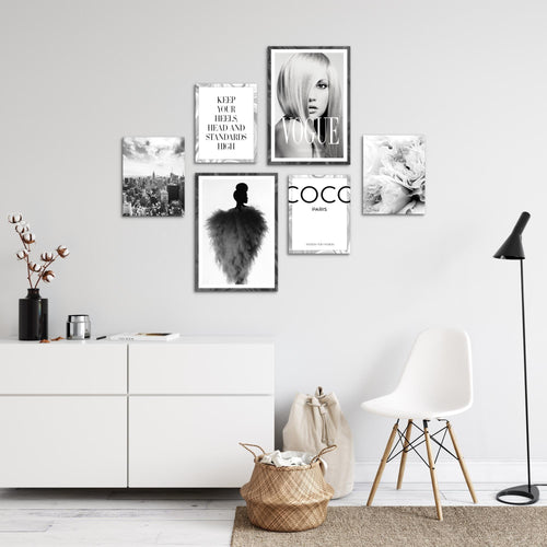 Novart Wandbilder Set Fashion Schwarz Weiss - KEIN EXTRA RAHMEN BENÖTIGT -  Modern Deko  - Wohnzimmer Mädchen Teenager N002163a