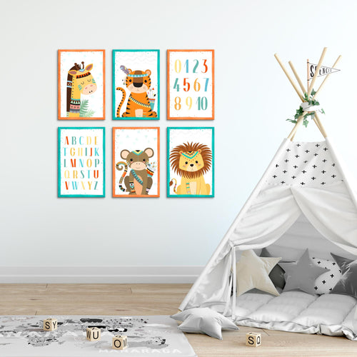 Novart Wandbilder - KEIN EXTRA RAHMEN BENÖTIGT - Kinderzimmer Mädchen Junge - Bilder Modern Tiere - Indianer - N000265b