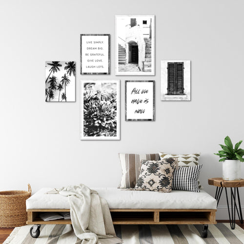 Novart Wandbilder Set Alte Stadt Palmen Schwarz Weiss - KEIN EXTRA RAHMEN BENÖTIGT -  Modern Deko  - Wohnzimmer Schlafzimmer N015063a