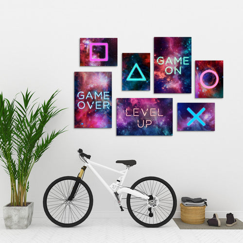 Novart Wandbilder Spielkonsole - KOMPLETT AUFHÄNGFERTIG - Gamer Kinderzimmer Junge Teenager - 7 Moderne Mood-Bilder - N021471a